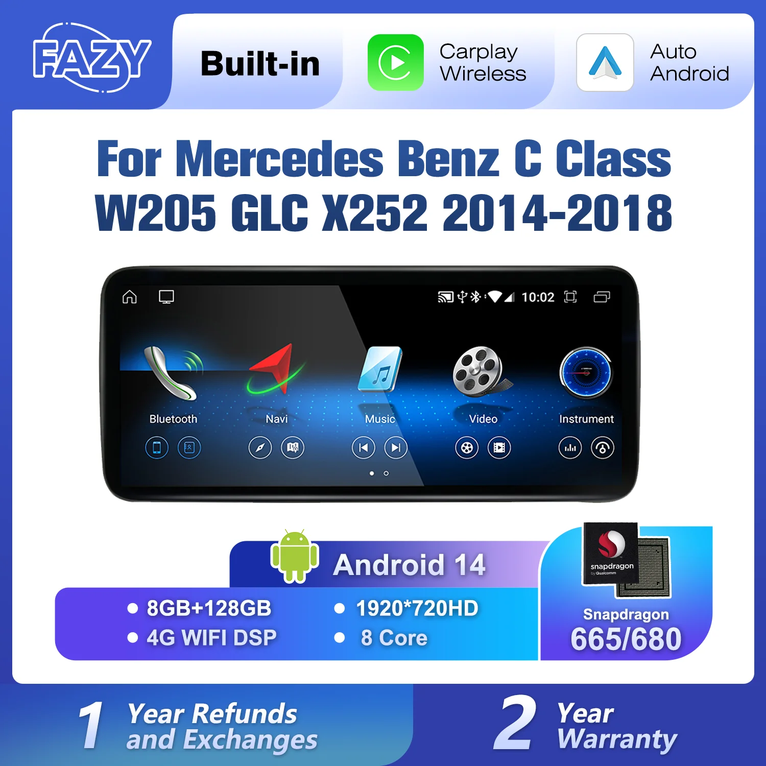 

Android 14 Wireless CarPlay For Mercedes Benz C Class W205 GLC X253 2014-2018 Car Screen Radio Multimedia Navigation GPS 4G WiFi