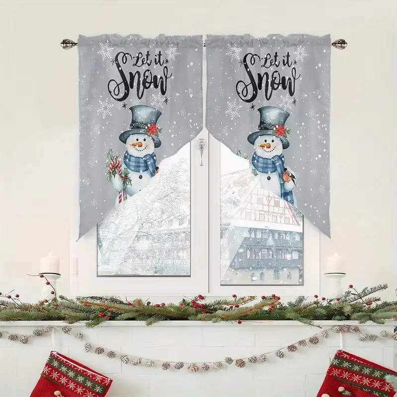 VIKAMA Christmas Swag Curtain Grey Snowman Let It Snow Snowflake Print Triangle Valance For Kitchen Window Living Room Decor