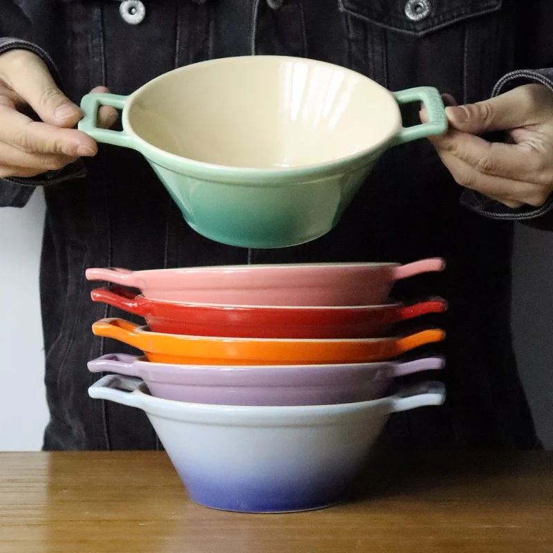 

Le Creuset Cool Color Large Bowl with Handles Heat Resistant High Temperature Noodle Bowl Home Use Fruit Salad Bowl