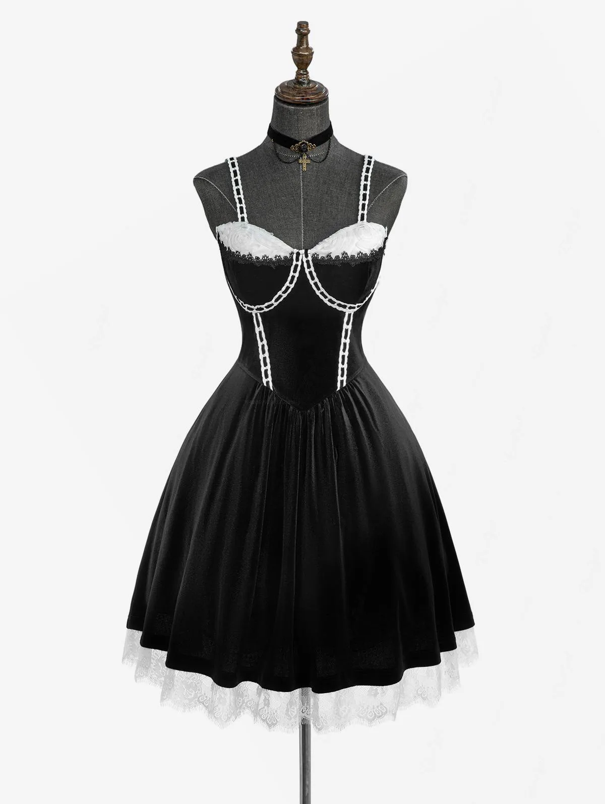 ROSEGAL Abito gotico taglie forti con fiori di rosa, maglia jacquard, pizzo, tubazioni a contrasto, abito a trapezio in velluto