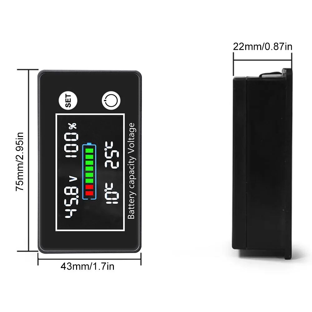 DC 10V-100V Digital Battery Voltmeter Volt Temp Battery Monitor Lead-acid Lithium Battery Capacity Indicator 12V 24V 48V 72V 84V