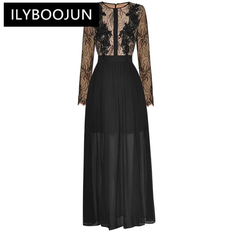 

ILYBOOJUN Autumn Fashion Runway Vintage Mesh Spliced Dress Women O Neck Long Sleeve Beading Appliques High Waist Slim Long Dress