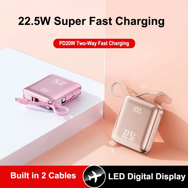 

Mini Power Bank 20000mAh Built in Cable 22.5W Fast Charging External Battery Portable Charger For iPhone 17 16 15 Xiaomi Samsung