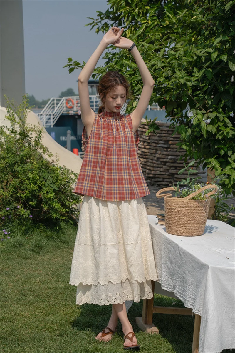 Women's Shirt Fashion Contrast Red plaid Temperament Sleeveless Vest Doll Shirt Female Summer Bow tie Korean Loose Slim Top New view 4