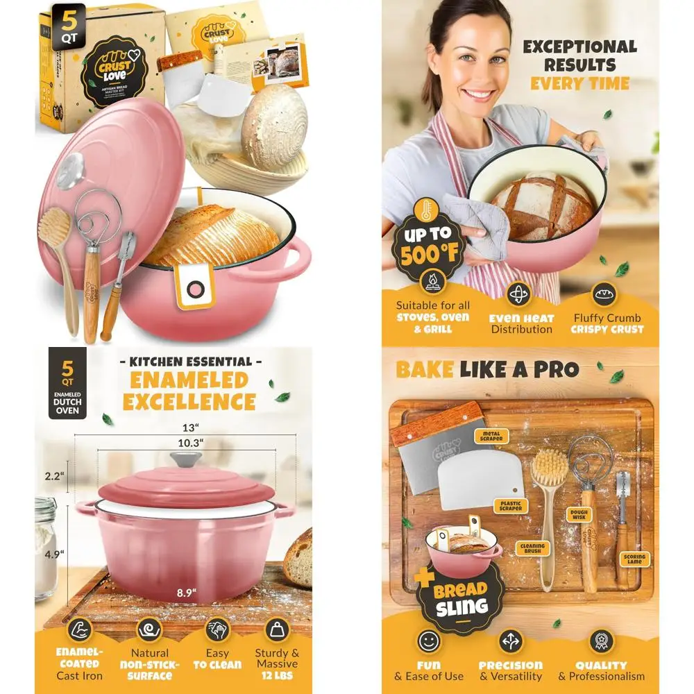 

Enameled Cast Iron Dutch Oven for Bread Baking - Perfect for Sourdough with Banneton Bread-Proofing Basket, 5 Quart Capacity