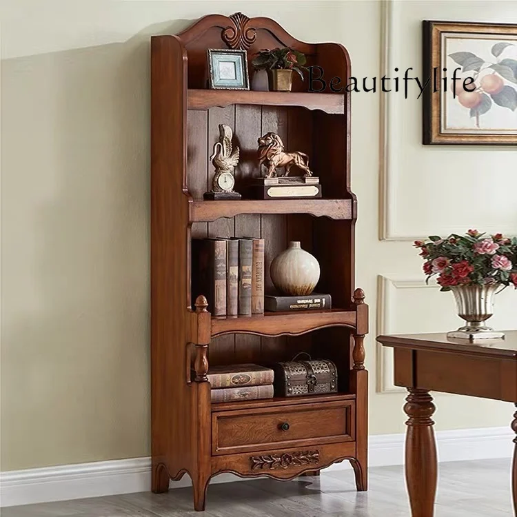 

American all-solid wood bookcase European bedroom retro shelf floor to wall decorative art