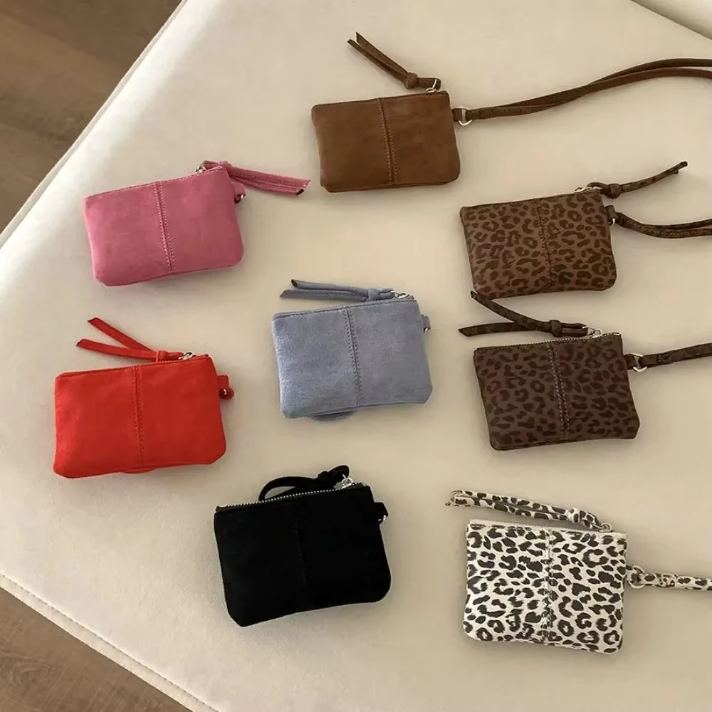 Leopard Print Suede Coin Purse Small Wallet Lipstick Key Bags Women Shoulder Bag Portable Mini Storage Bag Travel Neck Bags