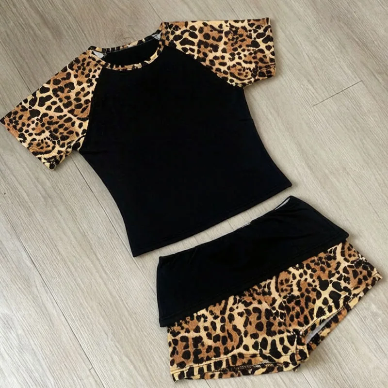 Summer Fashion Harajuku Leisure Leopard Print Patchwork Design Retro Y2K Sexy Women's Shoulder-inserted Short Sleeve Shorts Suit