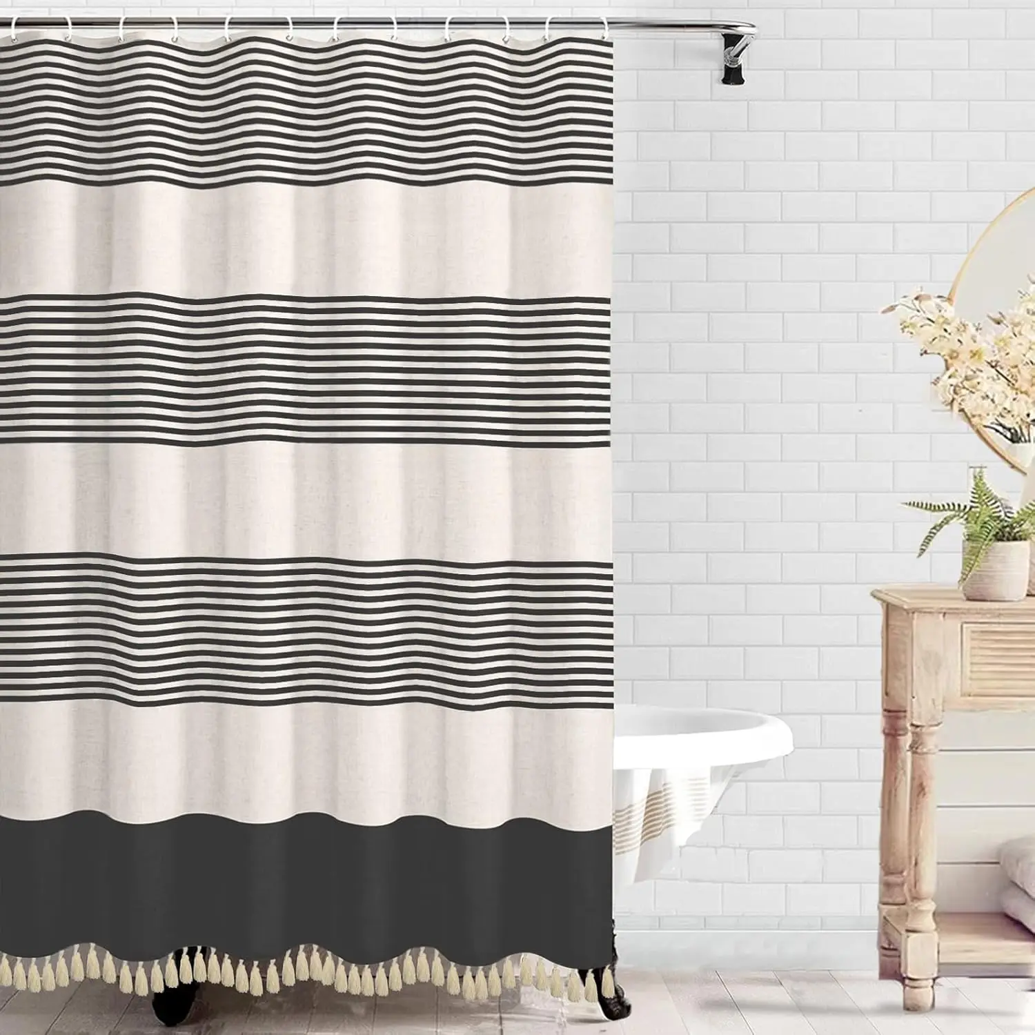 

Black Shower Curtain for Bathroom Boho Linen Farmhouse Tassel Shower Curtain Set 72" x 72"