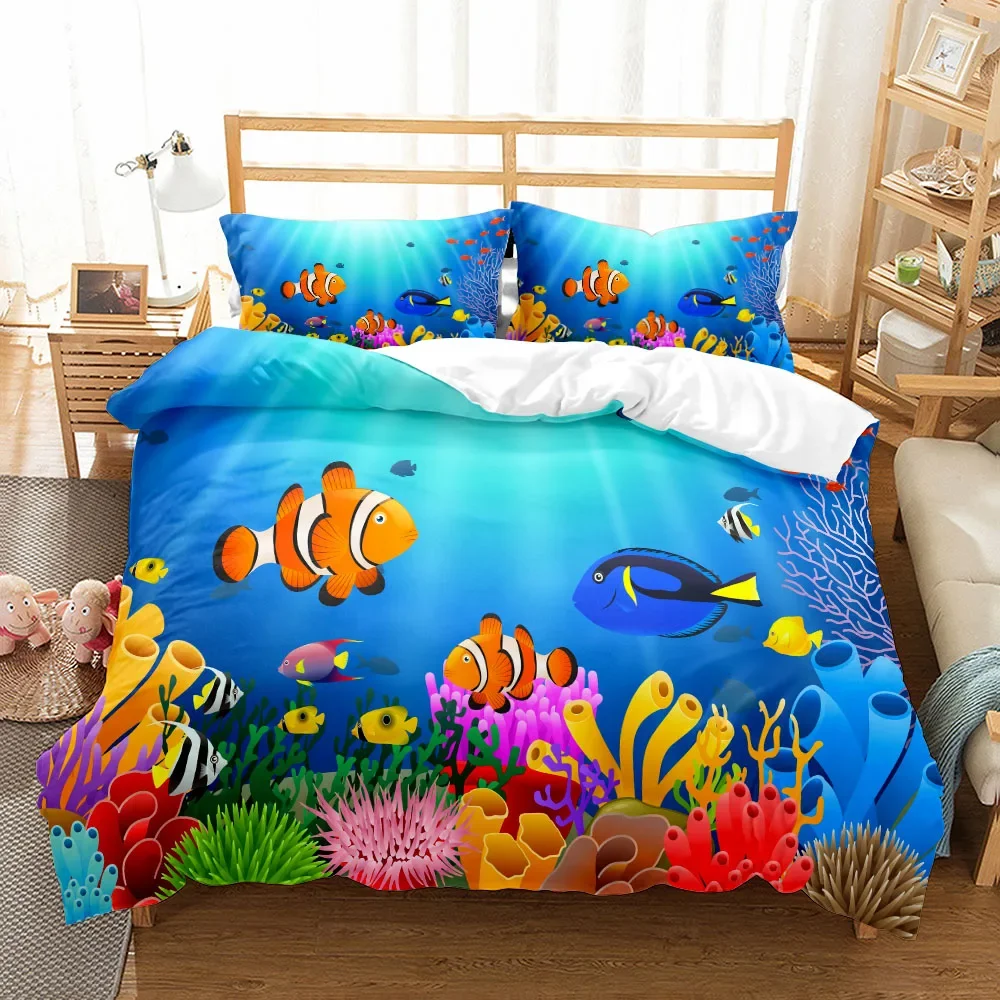 3PCS Single-sided Printed Series 3D Ocean Pattern Duvet Cover Bedding Set for Kids Comfortable Breathable Sheet Bedspreads