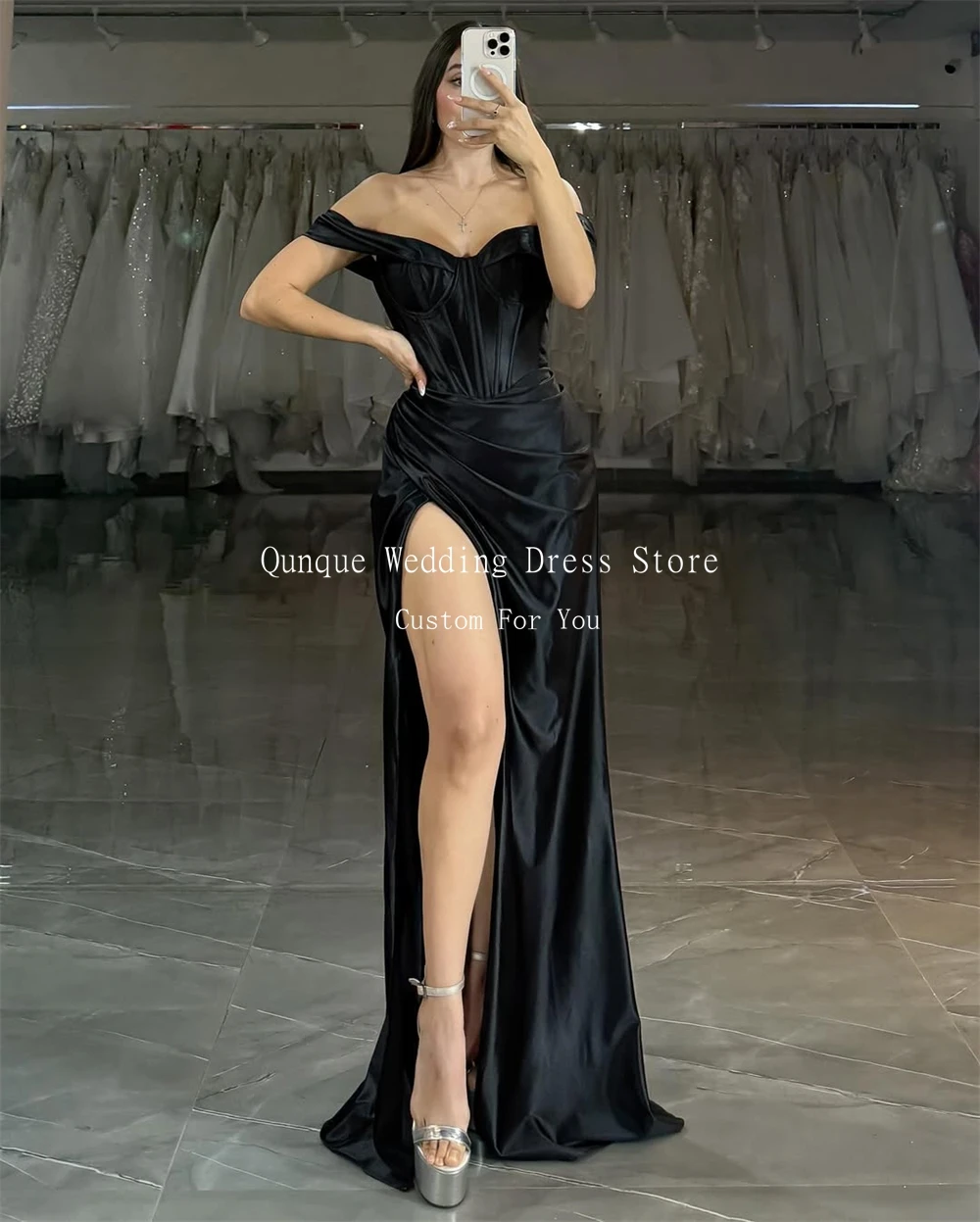 Qunque moda sereia vestidos de baile elegante cetim plissados vestido de noite sexy perna dividida festa de casamento robes de soirée personalizado