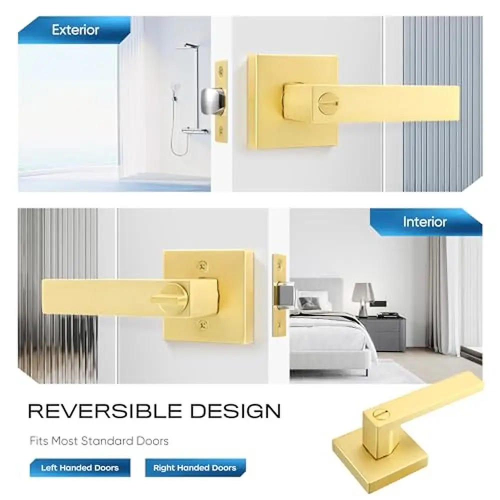 Privacy Keyless Door Lever Set 10 Pack Modern Square Handle in Satin Brass Bedroom Bathroom Left/Right Handing Easy Install Safe