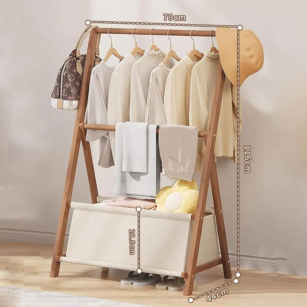 Portable Bamboo Clothes Drying Rack with Hanging Rail and Storage Basket for Compact Spaces