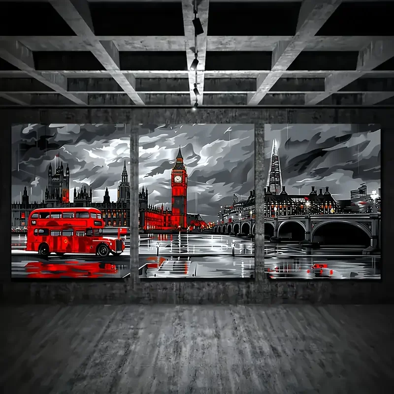 مجموعة فنية جدارية من القماش من Vintage City - 3 قطع ديكور مستطيل بدون إطار يتميز بعلامات لندن المميزة والحافلات الحمراء وجسر البرج #4