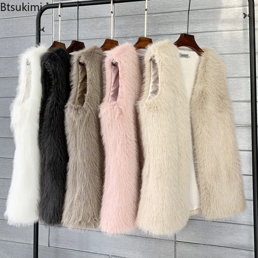 New Women's Thickened Warm Faux Fur Vests Autumn Winter Outerwear Fashion Versatile Ladies Mid-long Waistcoat Sleeveless Jackets