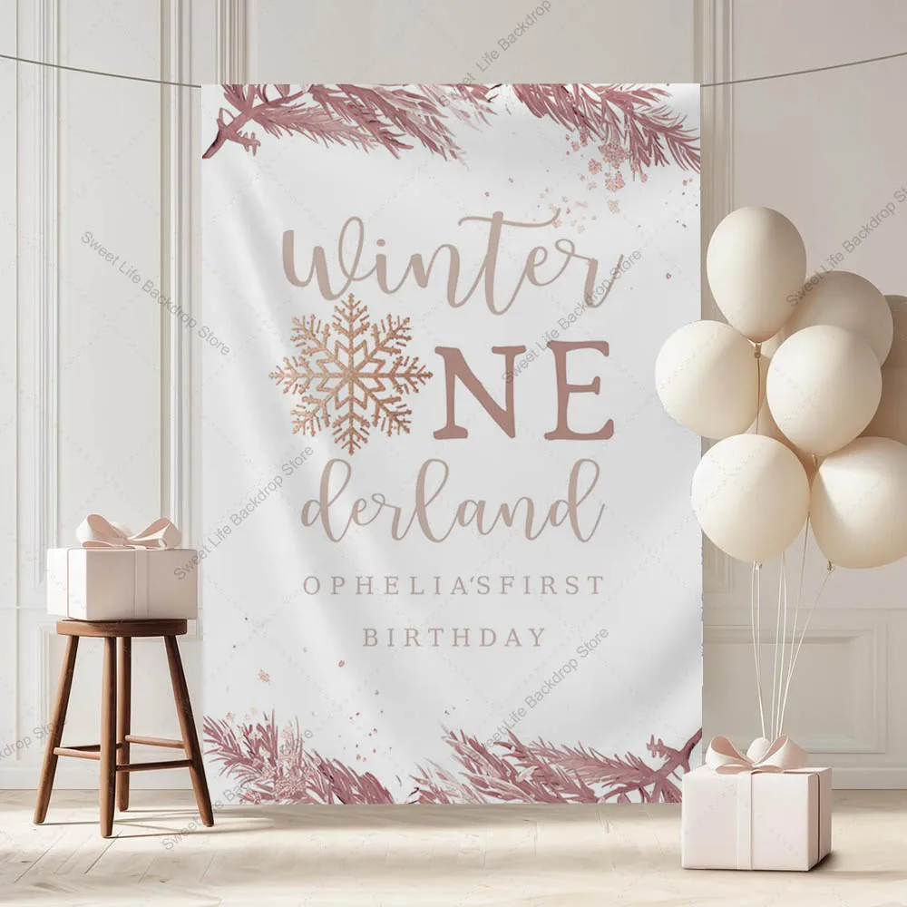 

Зимний фон Onderland для детского душа, фото на первый день рождения, розовая снежинка, сосновые листья, зимняя вечеринка, украшение для фона