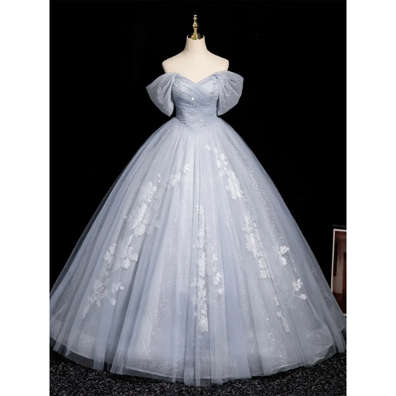 japanese graduation dresses Blue Dress 2026 New Adult Ritual Student Art Candidates Vocal Host One Shoulder Evening Dress Customization Rose Gold Sequin