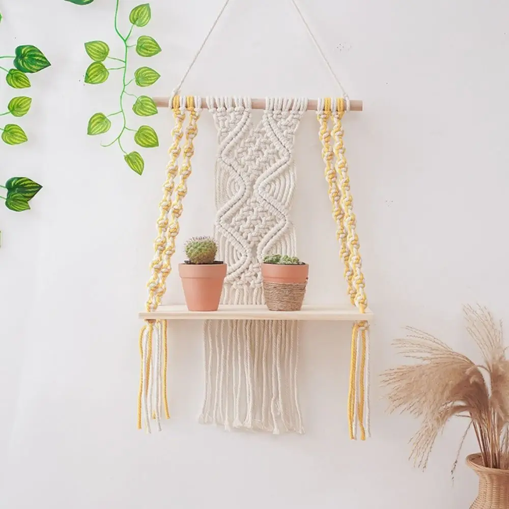 Bohemian Wooden Floating Storage Holder Handwoven Cotton Swing Display Shelf Vintage Hanging Wall Hanging Shelf Garden