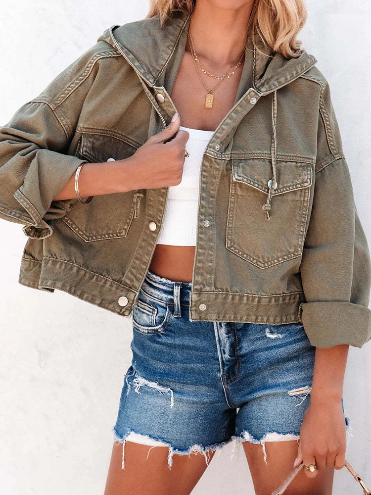 

2025 Women Autumn Winter Denim Style Long Sleeve Hooded Jacket Solid Single-Breasted Fashion Coat Drawstring Patchwork Outerwear