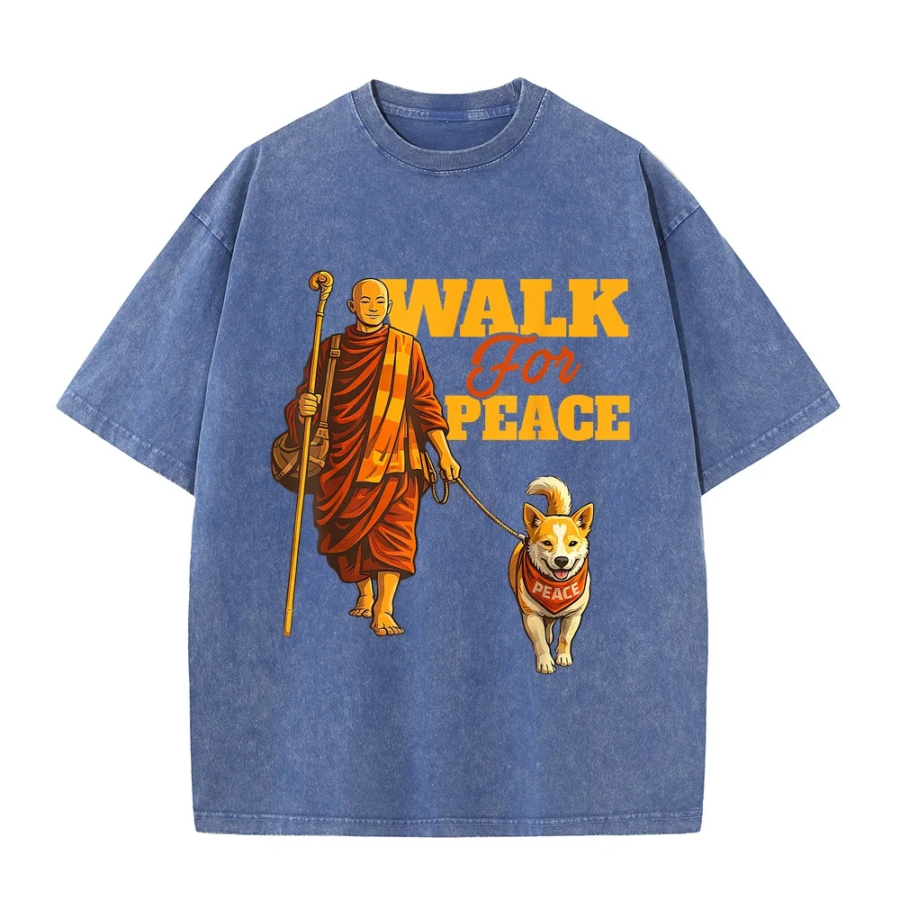 Peace Walking Monks and Aloka Dog Walk for Men Man's T-Shirt 하이퀄리티 T-Shirts Man Clothes Large Printed Tee Plus Short Sleeve