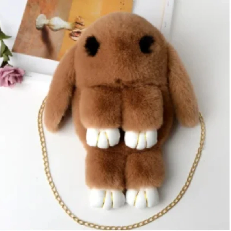 Cute Fluffy Rabbit Fur Pompoms Chain Bag Women Cartoon Rabbit Sling Bag Fluffy Bunny Shoulder Plush Backpack Girl Birthday Gifts