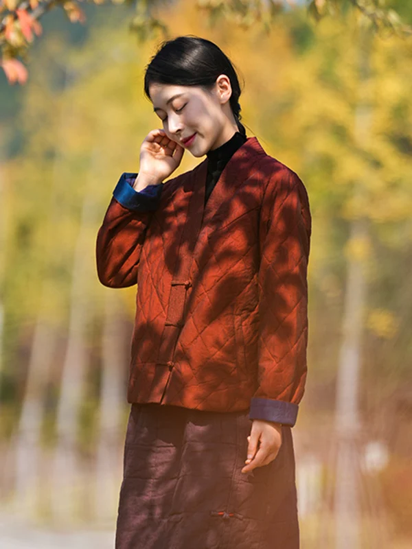 

Новое китайское хлопковое пальто свободного кроя с V-Ne, женское осенне-зимнее пальто в стиле ретро на пуговицах с красными бриллиантами и рисунком