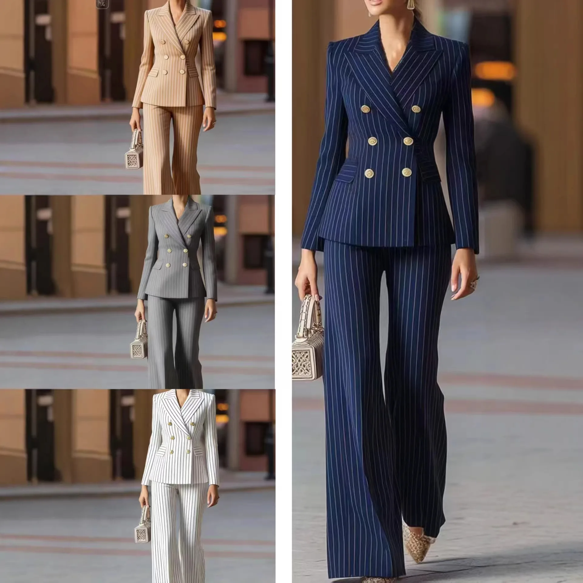 2026 Autumn European American Best-Selling Elegant Commuting Slim-Fit Color-Block Long-Sleeve Blazer And Pants Suit For Women