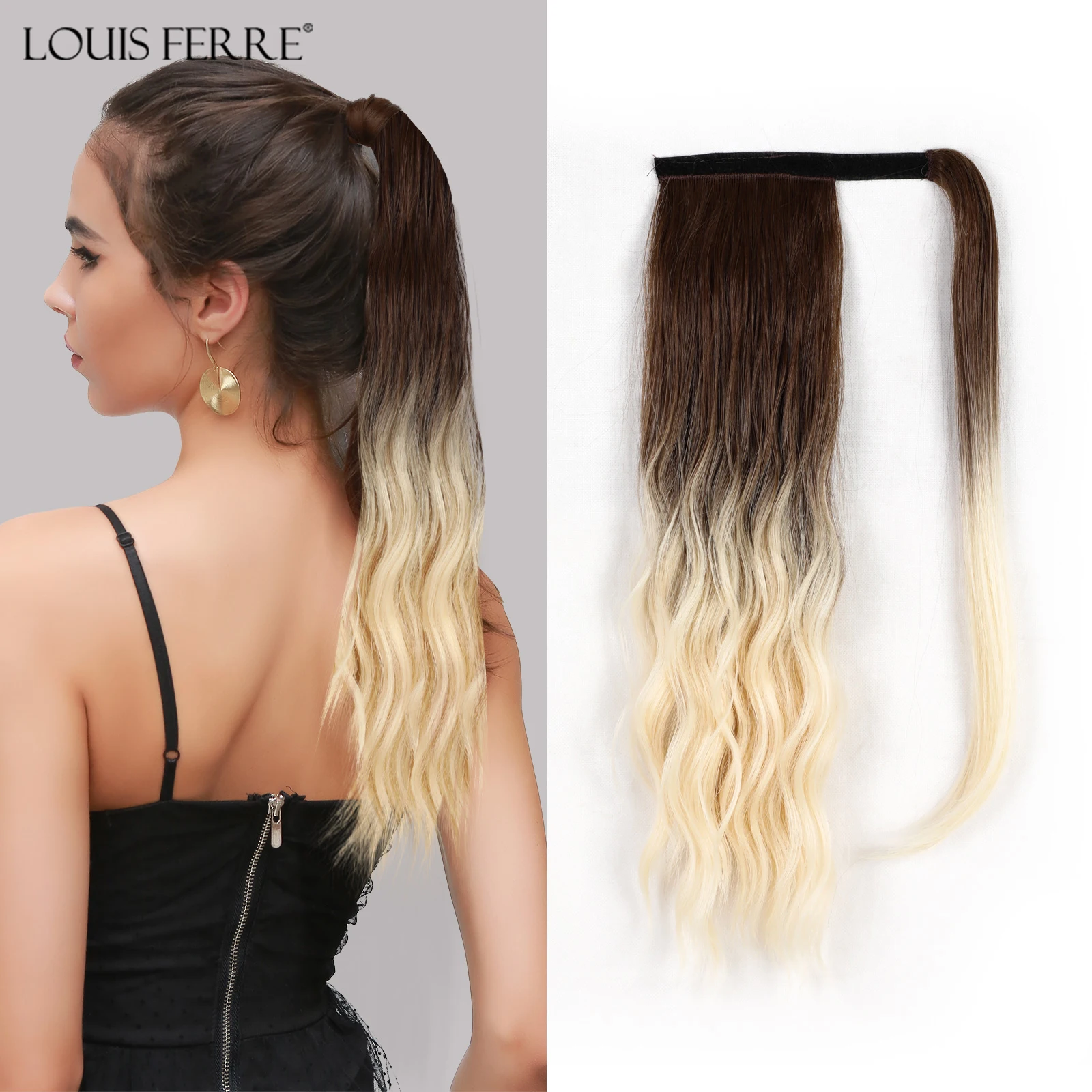 

Ombre Dark Brown Light Golden 16 Inches Synthetic Ponytail Wigs for Women Long Natural Wave Blonde Wrap Around Hair Extensions
