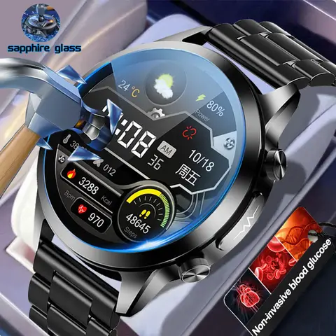 새로운 사파이어 유리 AMOLED 혈당 스마트 시계 남성 ECG + PPG 혈압 혈액 산소 건강 Smartwatch For Android IOS