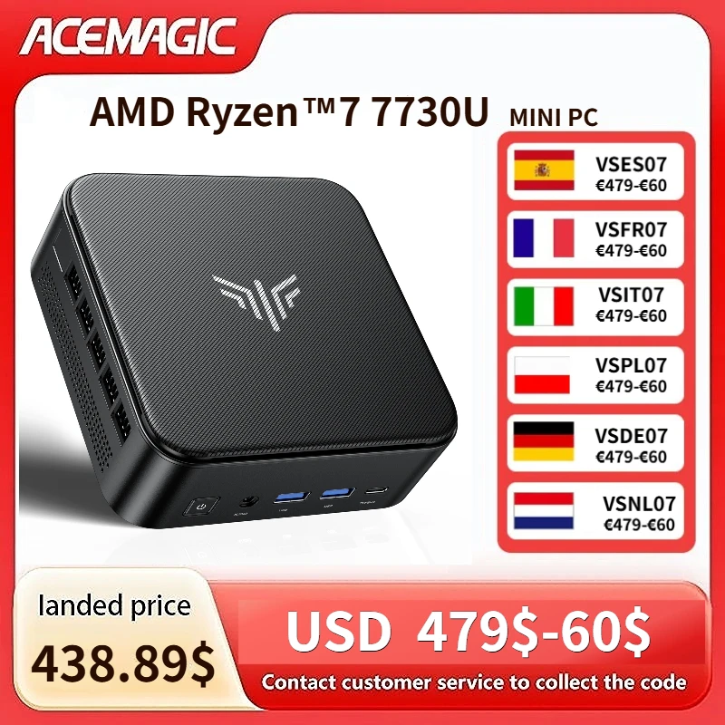 ACEMAGIC Ryzen 7 7730U Mini PC 16GB LPDDR4X 512GB M.2 SSD Desktop Computer 8C/16T Up to 4.5GHz WiFi 6 BT5.2 4K Triple Display