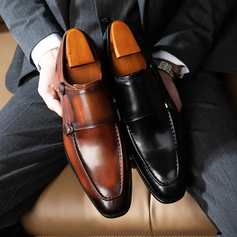 

New British Style Genuine Leather Fashion Dress Shoes Men Wedding Office Party Formal Square Toe Oxfords Loafers Male Munk Shoes