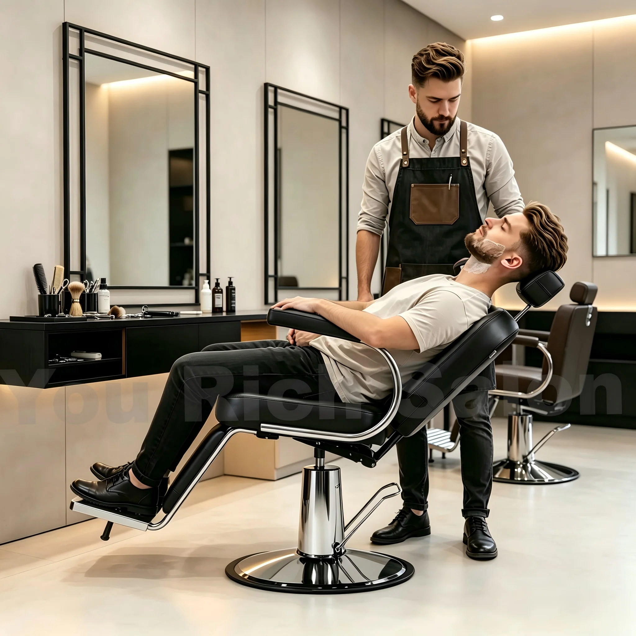Factory Direct Heavy Duty Barber Chair Hydraulic Reclining Shaving Chair 360 Swivel Black PU Leather Salon Hair Styling Chair