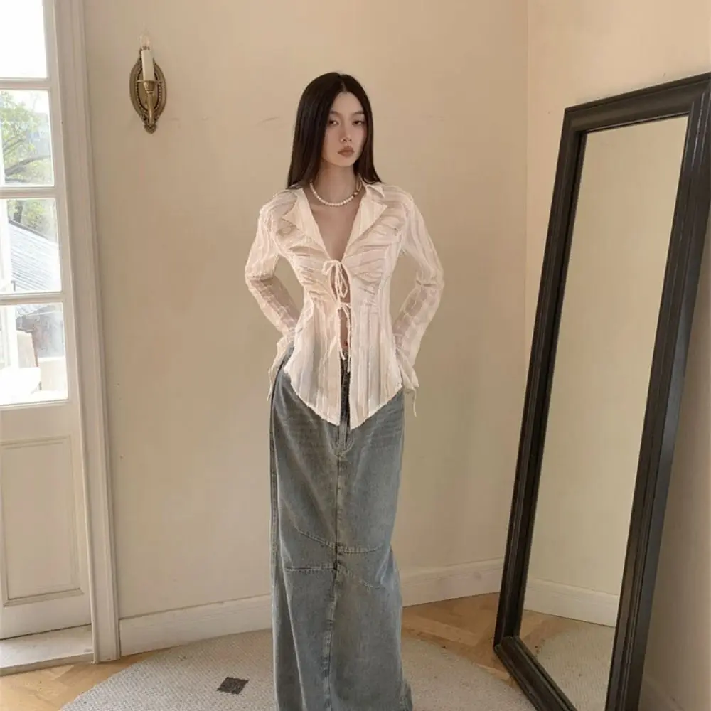 

Модная шифоновая солнцезащитная рубашка с v-образным вырезом, нестандартная рубашка на шнуровке с длинными рукавами, свободная бежевая рубашка с рюшами, женская уличная одежда