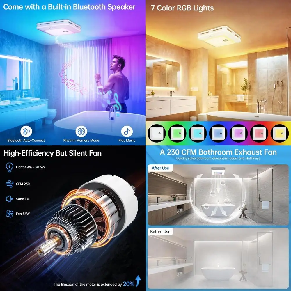 

Bluetooth Speaker Bathroom Exhaust Fan with 3-Light Modes, 7 LED Colors, 3 Temperatures, Nightlight, Remote, Easy Install