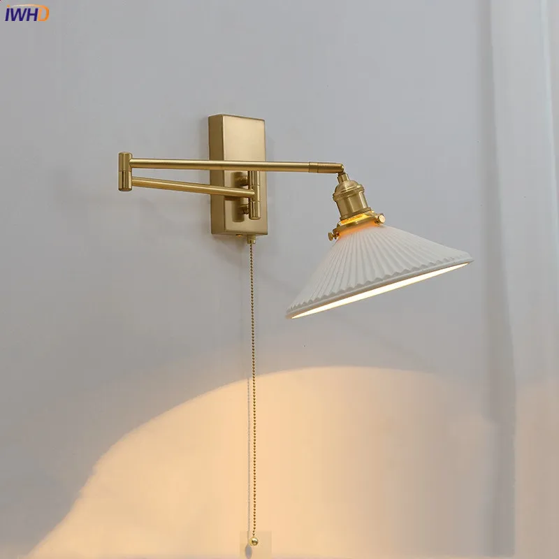 

IWHD Nordic Modern LED Wall Sconce Left Right Rotate Pull Chain Switch Bedroom Restaurant Bar Beside Lamp Ceramic Stair Light