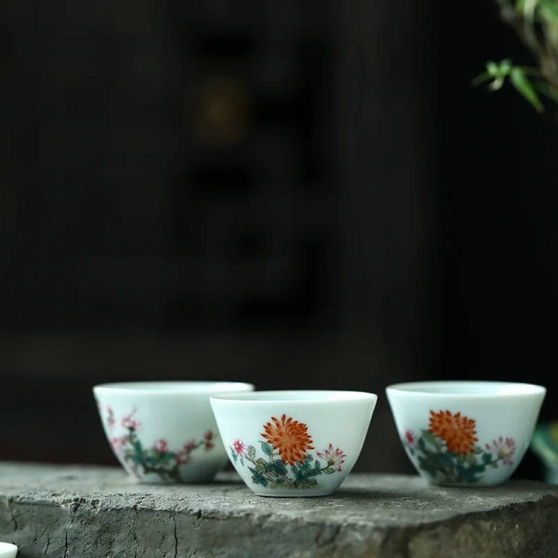 ★Jingdezhen Handcrafted Egg-Shell Hand Painted Pastel Spring Peach Cup Tea Cup Tea Cup Ceramic Tea Set Chinese Retro Style Retro