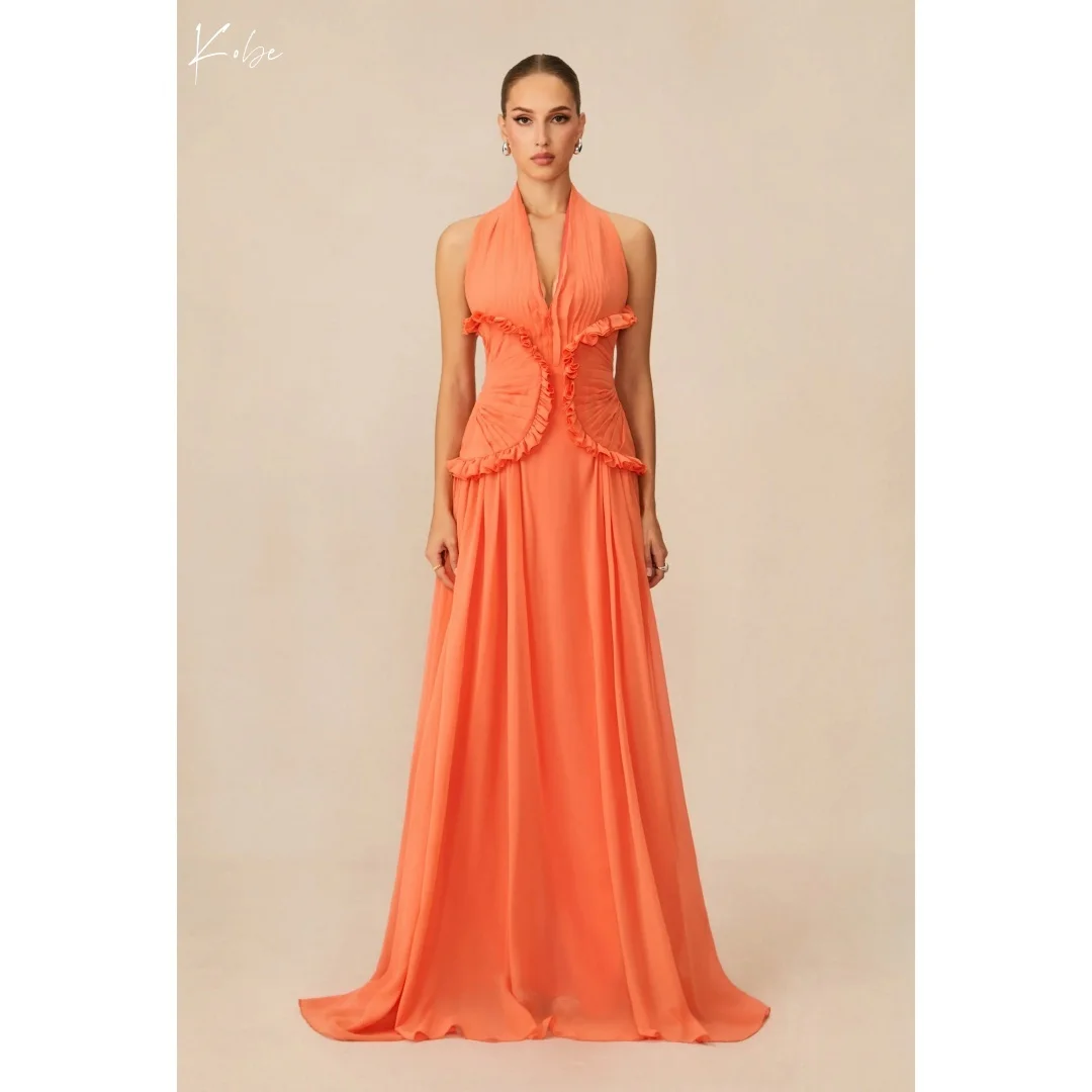 

Kobe Индивидуальные оранжевые платья для выпускного вечера с бретелькой на шее и V-образным вырезом без рукавов Вечерние платья длиной до пола Вечерние платья трапециевидной формы с открытой спиной