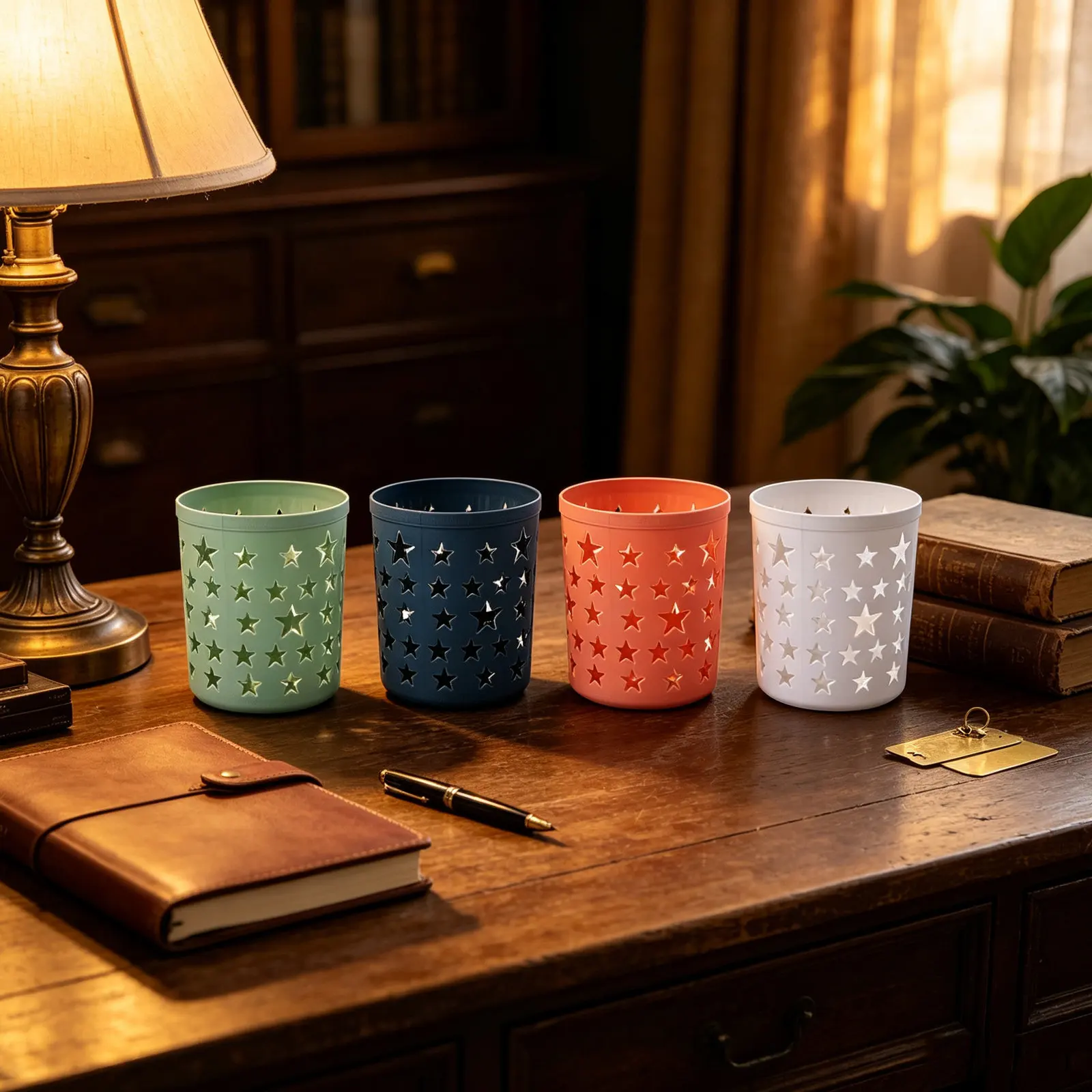 4Pcs Premium PP Plastic Desktop Organizer Set Five-Pointed Star Hollowed Storage Bucket Pen Holder Sundries Brush