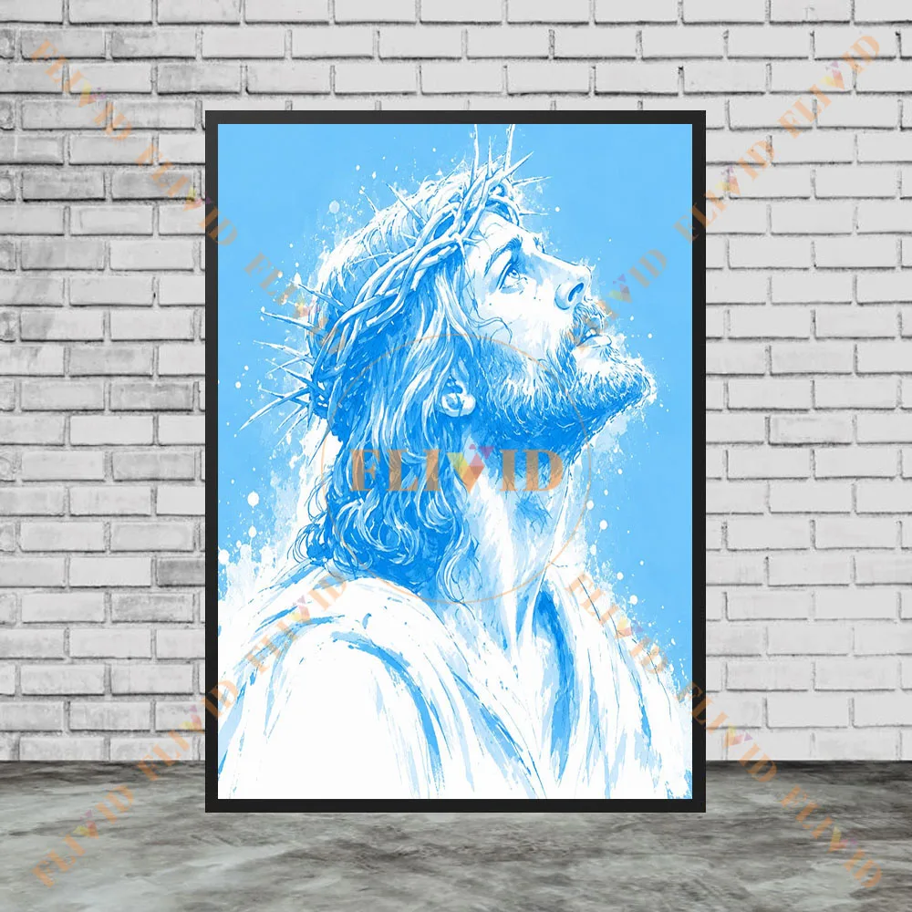 Jesus Christ Crucifix Canvas Wall Painting, Blue Sketch Style Christian Faith Poster, Religious Artwork for Home Church Wall Art