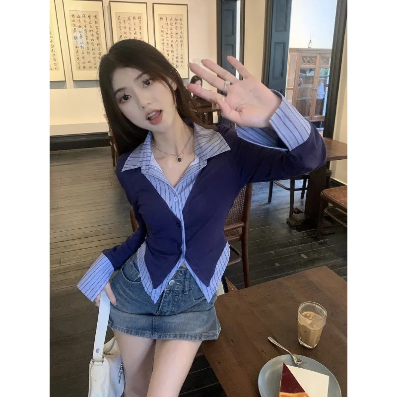 QWEEK Korean Style Short Shirt Harajuku Tunic Striped Preppy Elegant and Youthful Woman Blouses Gyaru Long Sleeve Chic Clothes