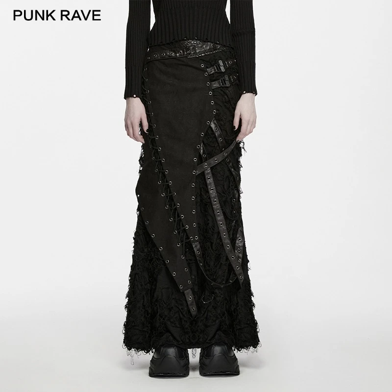 PUNK RAVE Women's Punk Tattered Layers Asymmetric Decadent Skirt Rebellious Atmosphere Irregular Leather Loops Club Long Skirts