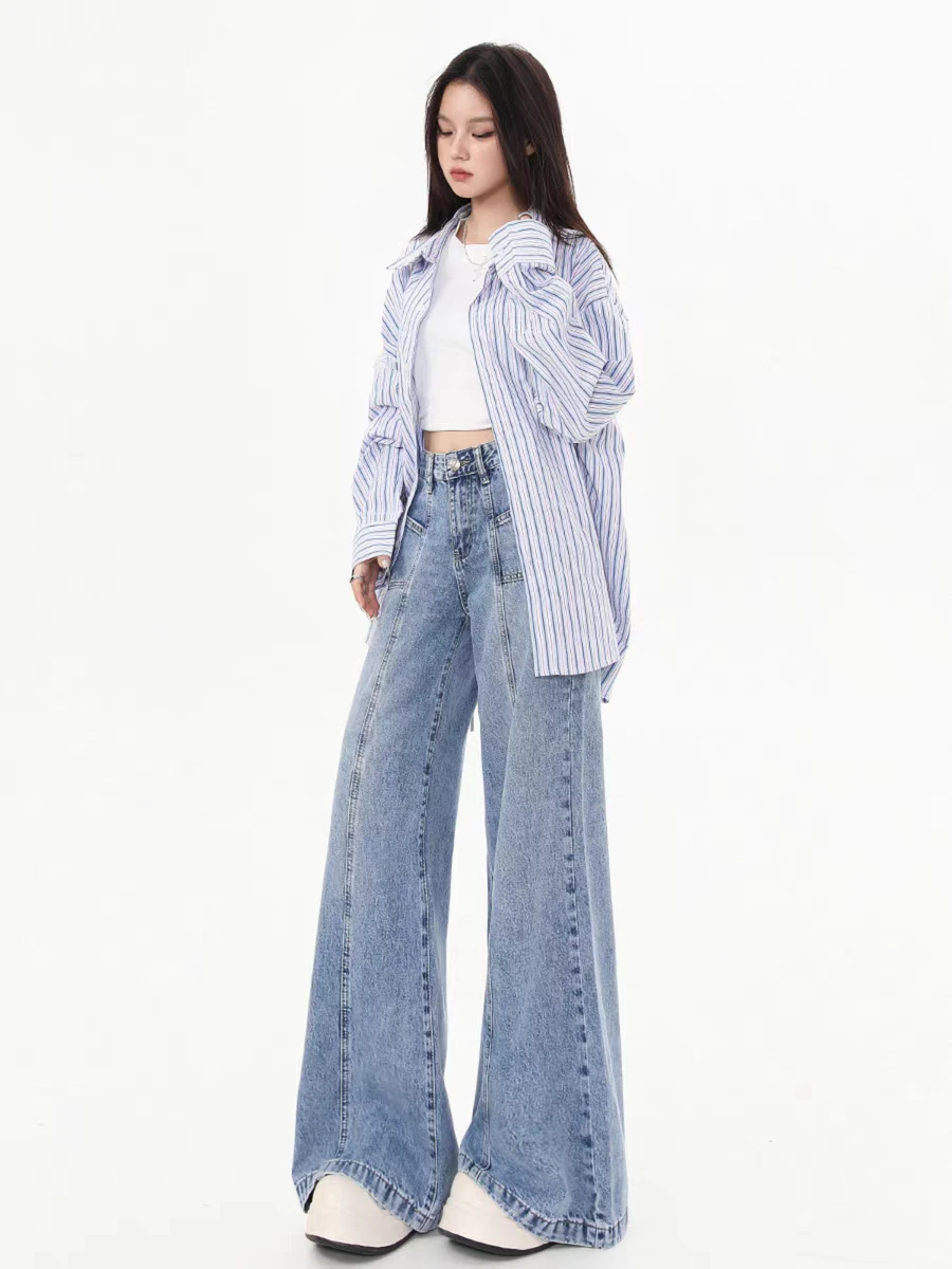 CHIC-Jean Denim Taille Haute pour Femme, Pantalon Long Évasé, Rétro, Bleu Délavé, Automne, Hiver, Harajuk