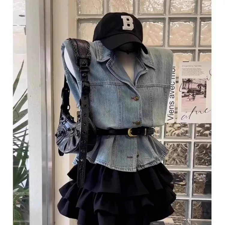 جديد الكورية أزياء الصيف 2 قطعة مجموعات امرأة الزي عارضة أكمام الدنيم قميص أعلى + برعم تنورة صغيرة فتاة حلوة Y2k الشارع الشهير #5