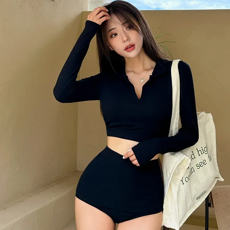 2024 Women Two-Piece Suits Bikini Long Sleeved V Neck Swimsuit Split Sunscreen Slimming Swimwear High Waist Pants Student Bikini