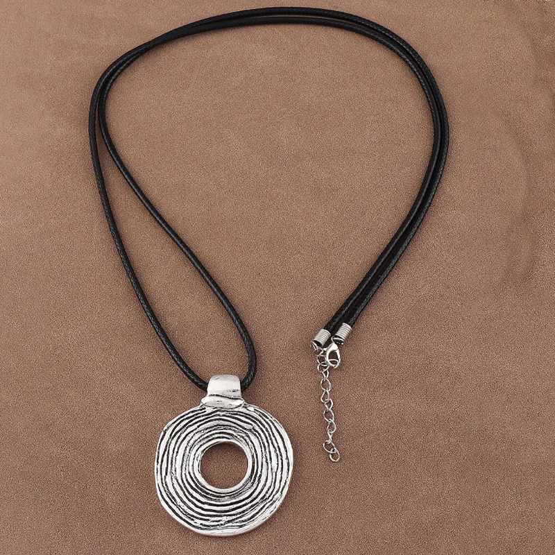 1 × التبتية الفضة اللون زهرة كبيرة/مستديرة/القلب تصميم قلادة طويلة الشمع حبل سلسلة قلادة ، بوهيميا القبلية نمط المجوهرات
