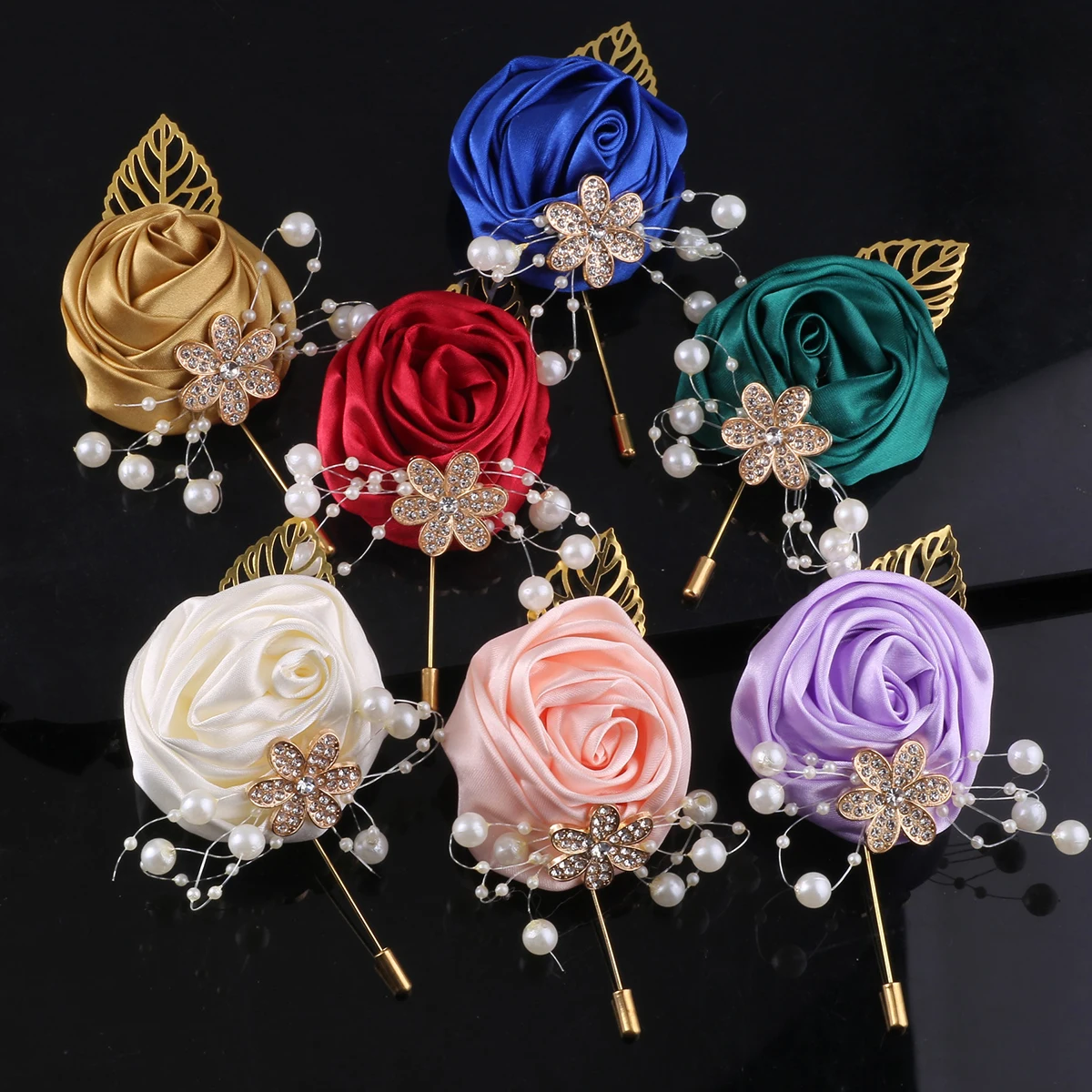 Multi-color wedding simulation Bride and groom Rose Brooch Bridesmaid best man satin wedding business party supplies XH1107