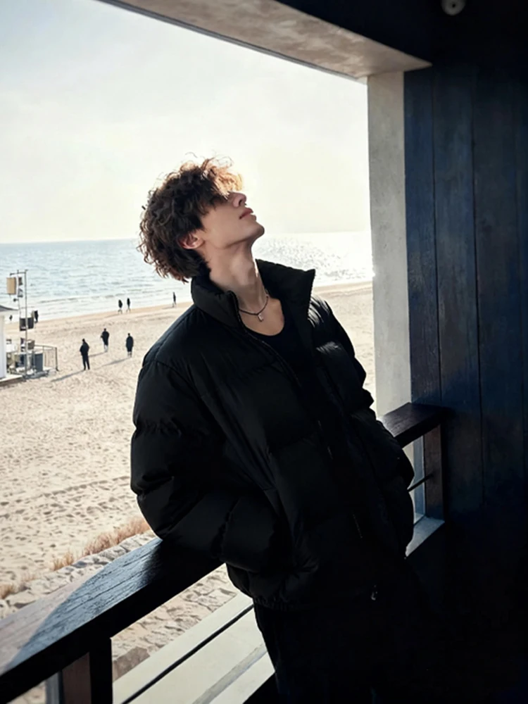 

Men's ort Thiened Winter down Cotton Jaet Bla Warmth Resistant Bread Sle High Sensation Cool ort Cotton Coat