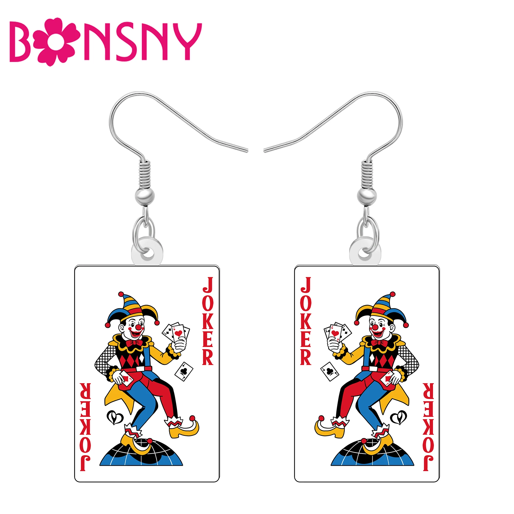 BONSNY Acrylic Joker Poker Cards Earrings Colorful Circus Clown Figure Dangle Drop Statement Jewelry For Women Party Games Gifts