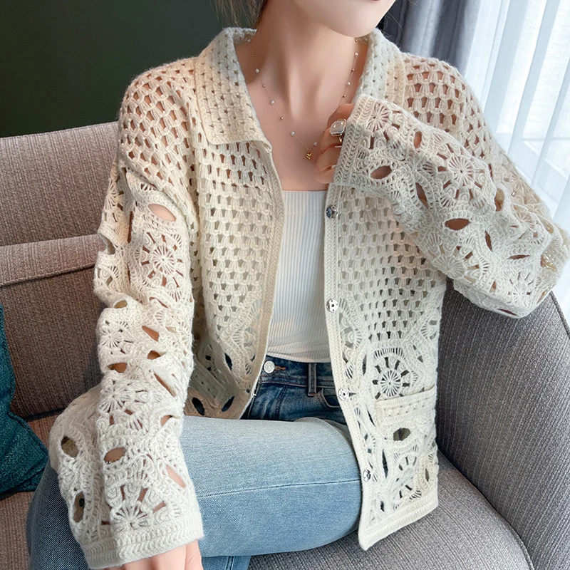 Embroidered Hollow Pure Wool Knitted Cardigan Women\'s Lapel Loose Fashion Casual Single-Breasted Long-Sleeved Coat JQ324