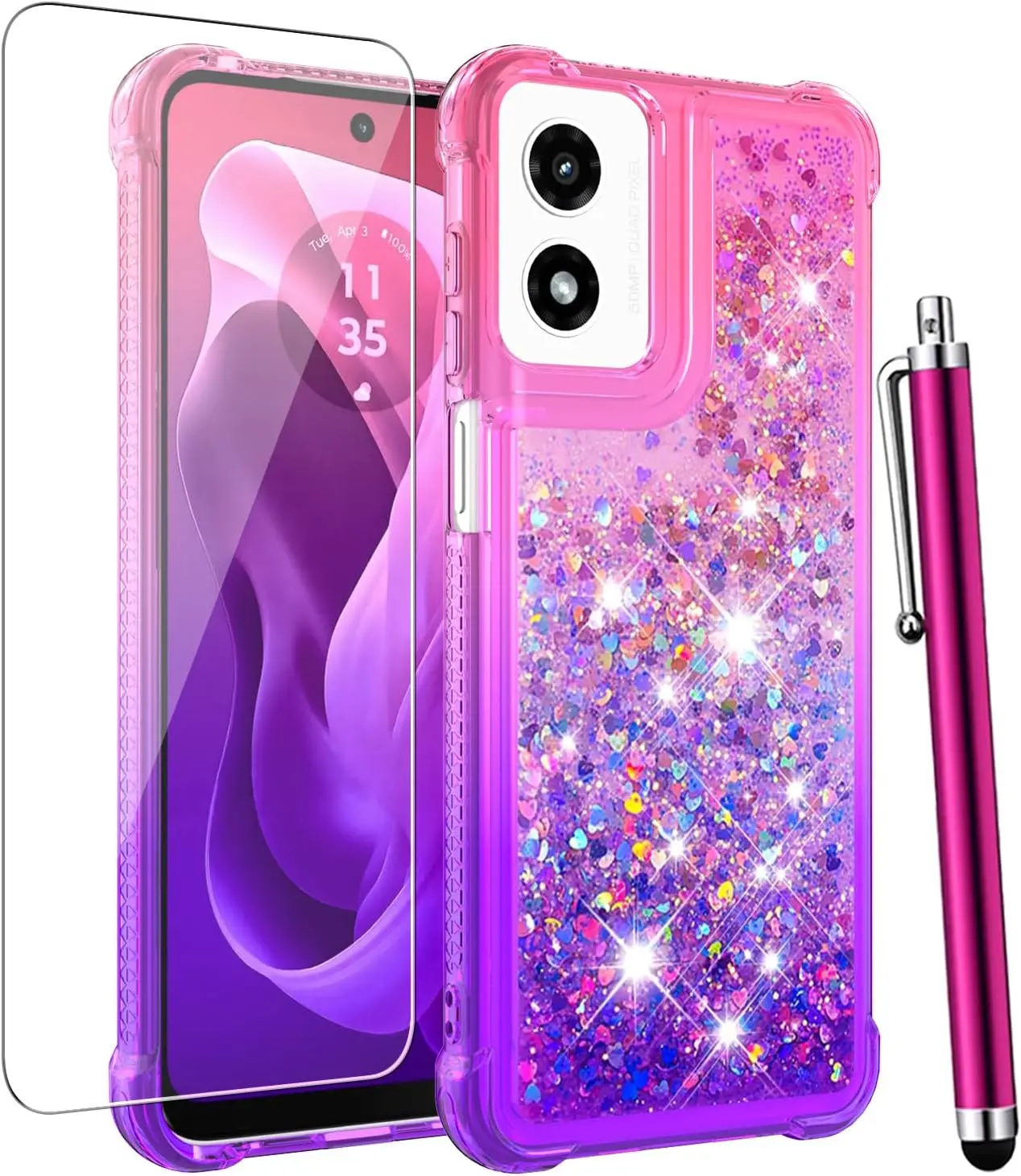 

Cute Glitter Liquid Floating Phone Case with Screen Protector for Moto G Play 2024 - Pink Purple Slim TPU Silicone Shockproof